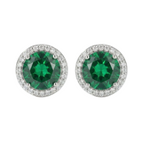 PENDIENTES D'OREILLES ÉMERAUDE RONDE HALO PAVÉ | ARGENT