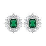 PENDIENTES D'OREILLES ÉMERAUDE RECTANGULAIRE HALO FLORAL MARQUISE PAVÉ | ARGENT