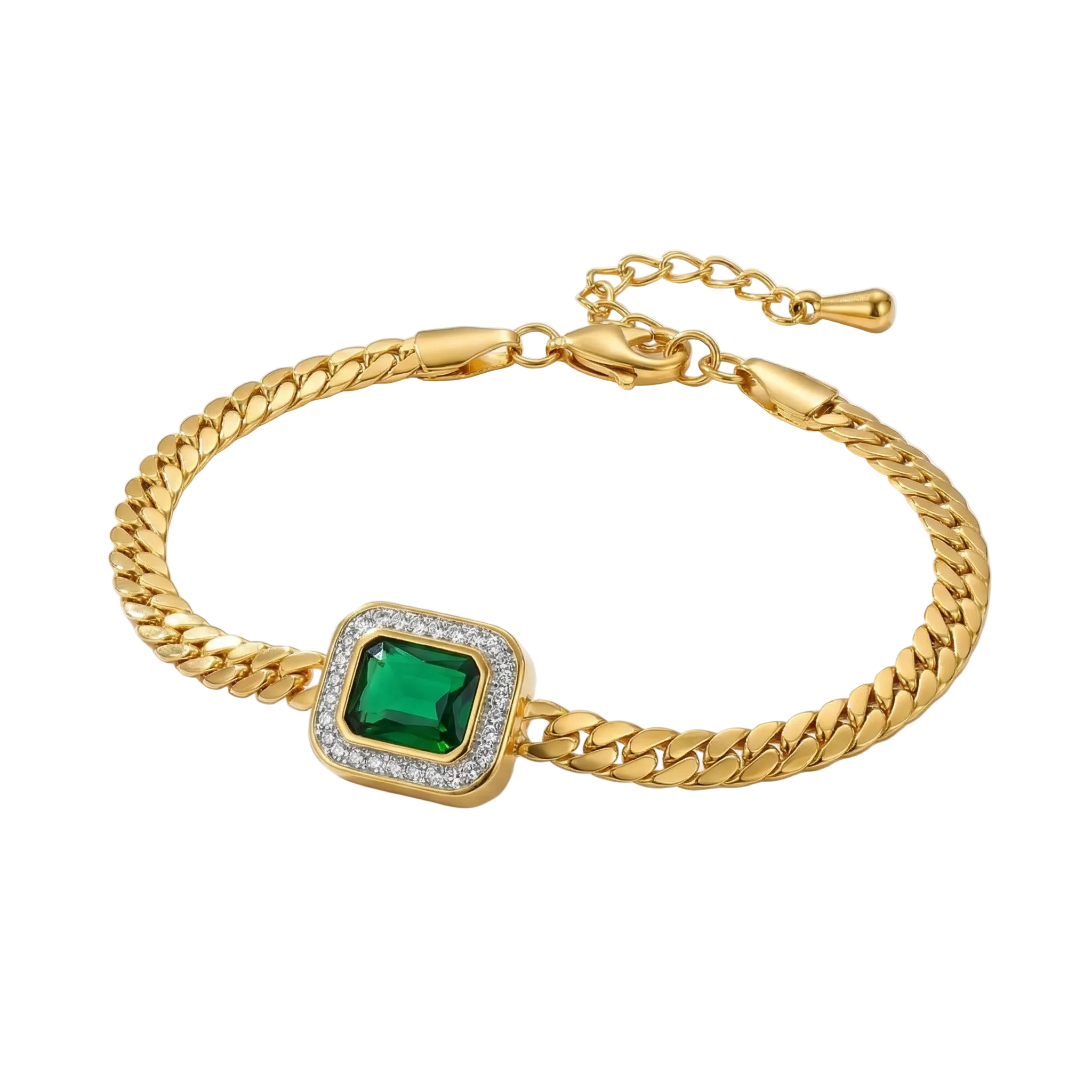 BRACELET CHAÎNE CUBAINE CHARM ÉMERAUDE RECTANGULAIRE PAVÉ | OR