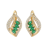 BOUCLES PENDANTES FEUILLE PIERRES MARQUISES ÉMERAUDE PAVÉ | OR