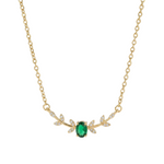 COLLIER CHAÎNE PENDENTIF ÉMERAUDE OVALE ET FEUILLES PAVÉ | OR