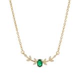 COLLIER CHAÎNE PENDENTIF ÉMERAUDE OVALE ET FEUILLES PAVÉ | OR