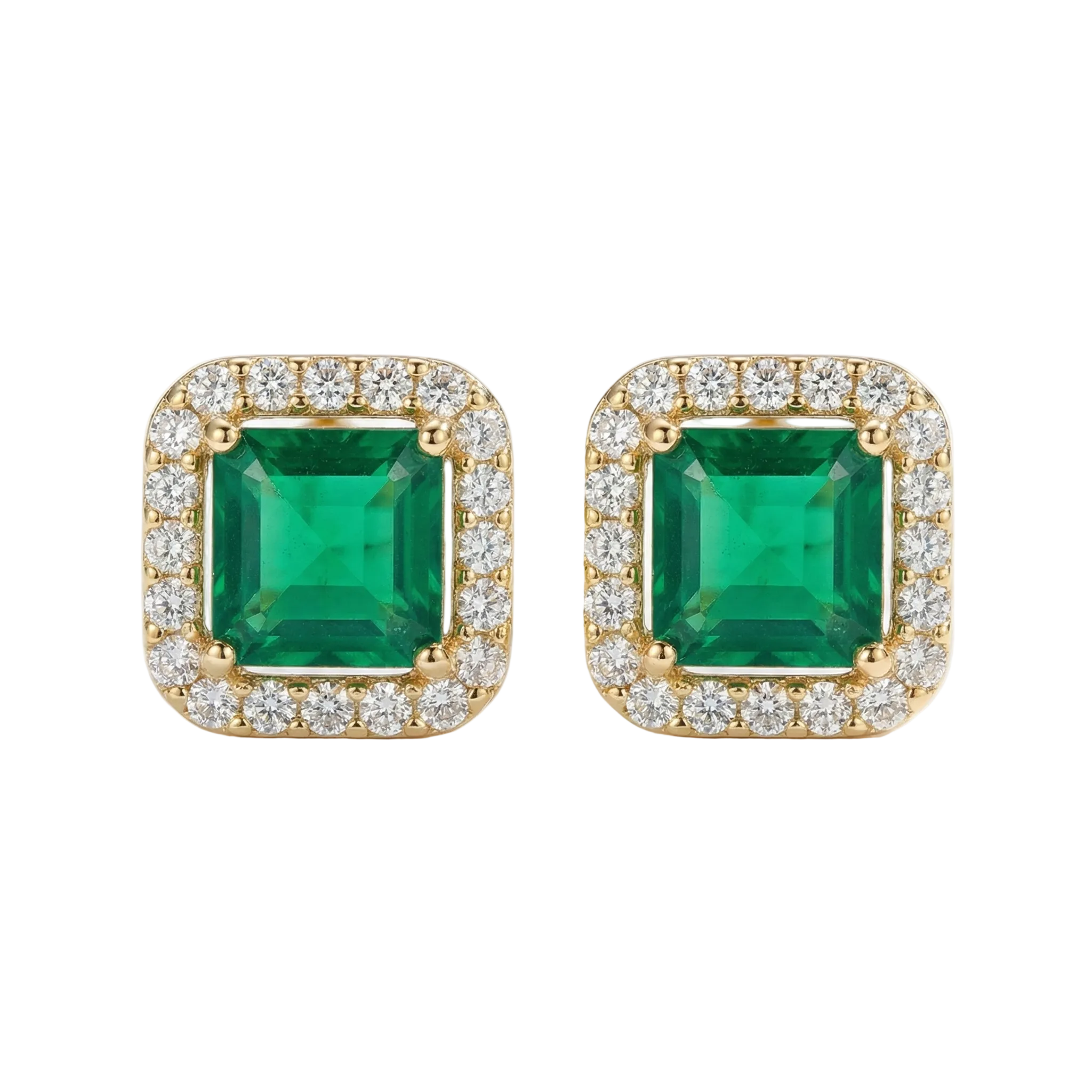 PENDIENTES D'OREILLES ÉMERAUDE CARRÉE HALO PAVÉ | OR