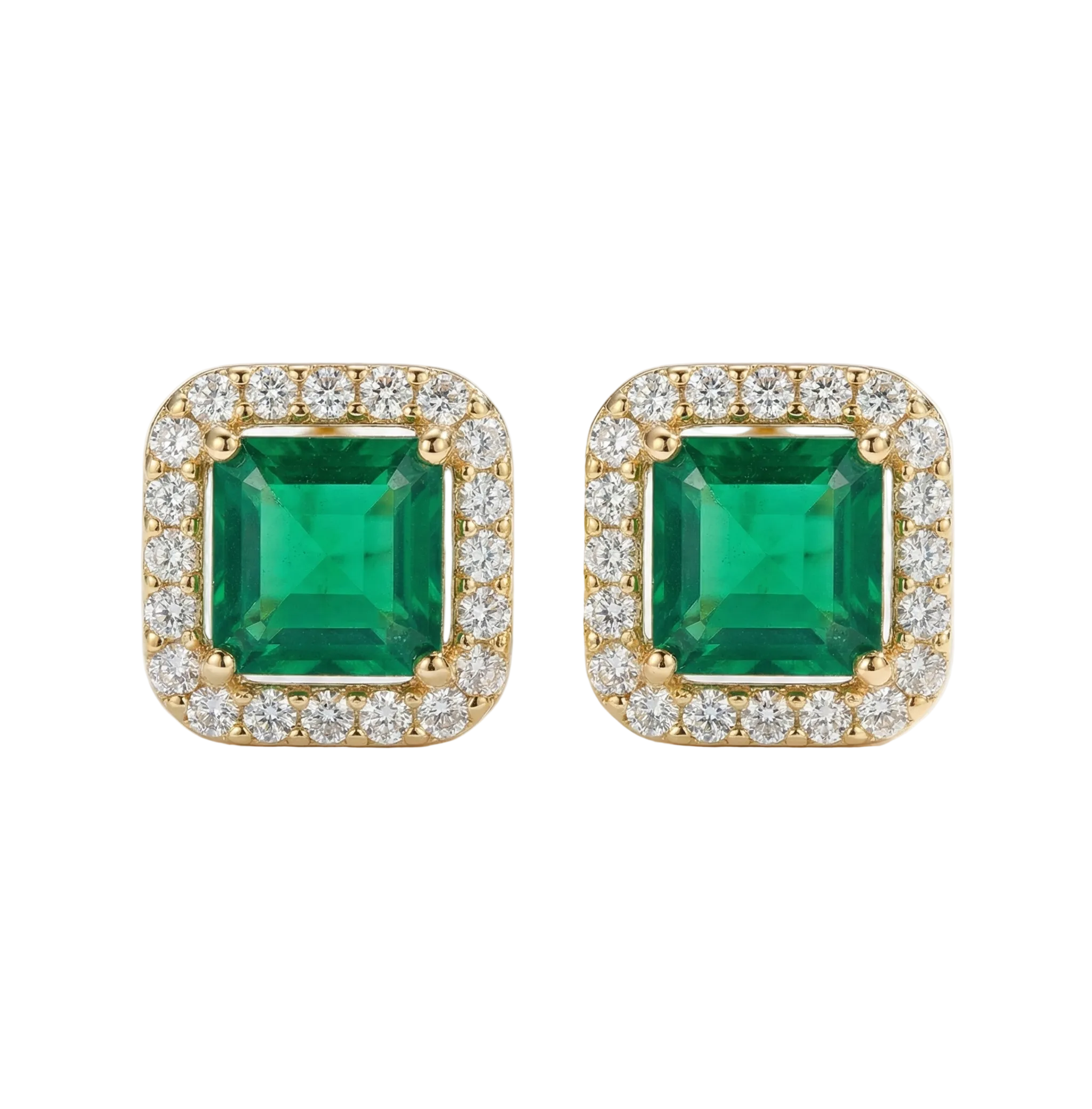 PENDIENTES D'OREILLES ÉMERAUDE CARRÉE HALO PAVÉ | OR