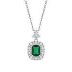COLLIER PENDENTIF ÉMERAUDE RECTANGULAIRE DOUBLE HALO PAVÉ | ARGENT