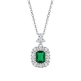 COLLIER PENDENTIF ÉMERAUDE RECTANGULAIRE DOUBLE HALO PAVÉ | ARGENT