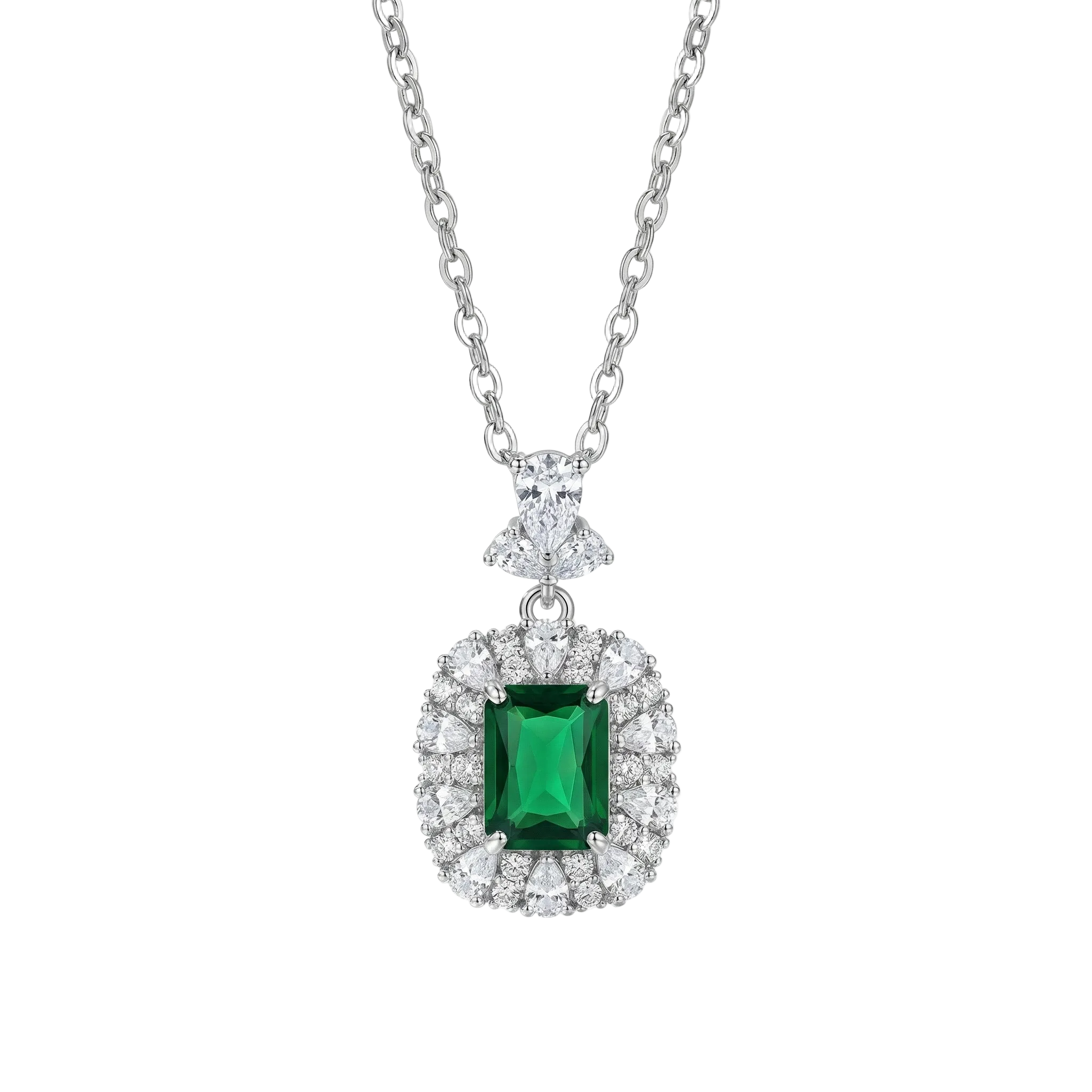COLLIER PENDENTIF ÉMERAUDE RECTANGULAIRE DOUBLE HALO PAVÉ | ARGENT