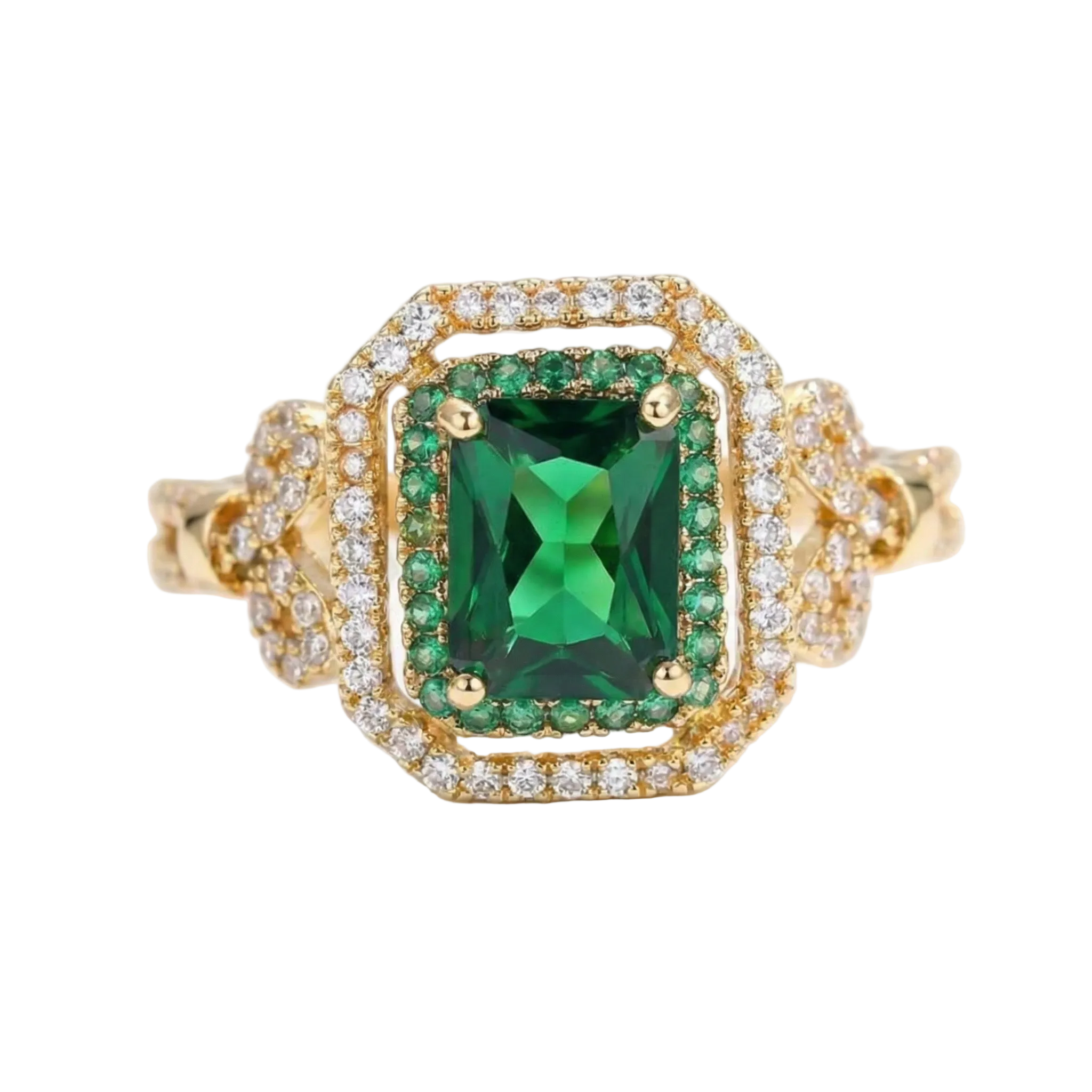 BAGUE COCKTAIL ÉMERAUDE CARRÉ DOUBLE HALO PAVÉ | OR