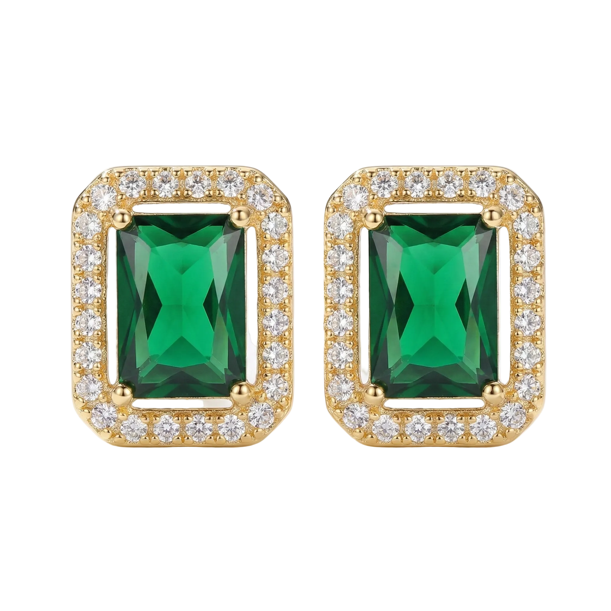 PENDIENTES D'OREILLES ÉMERAUDE RECTANGULAIRE HALO PAVÉ | OR