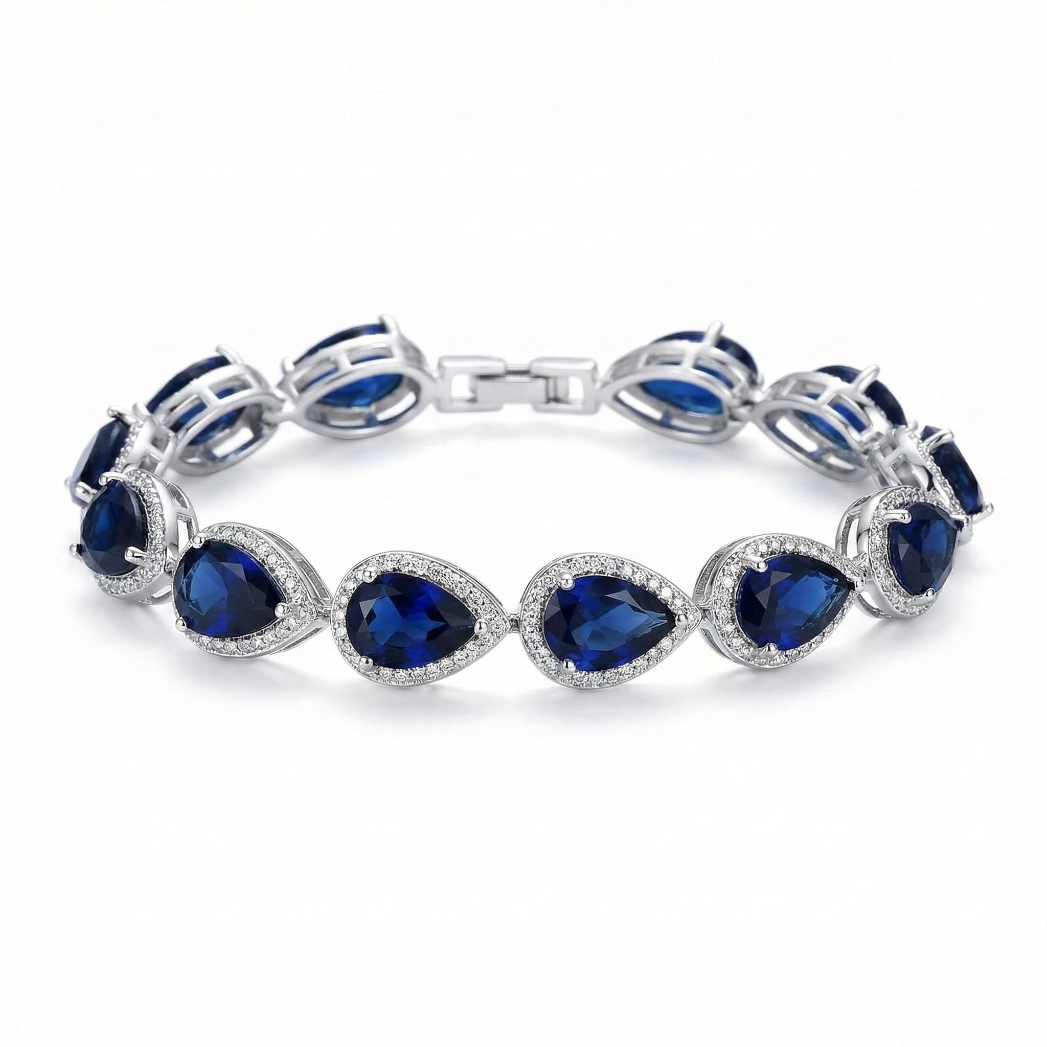 BRACELET TENNIS GOUTTES SAPHIR BLEU HALO PAVÉ | ARGENT