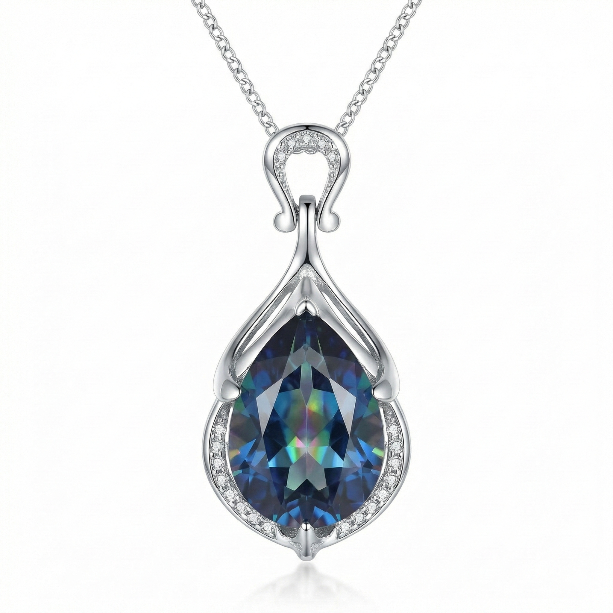COLLIER PENDENTIF GOUTTE PIERRE BLEUE IRIDESCENTE PAVÉ | ARGENT
