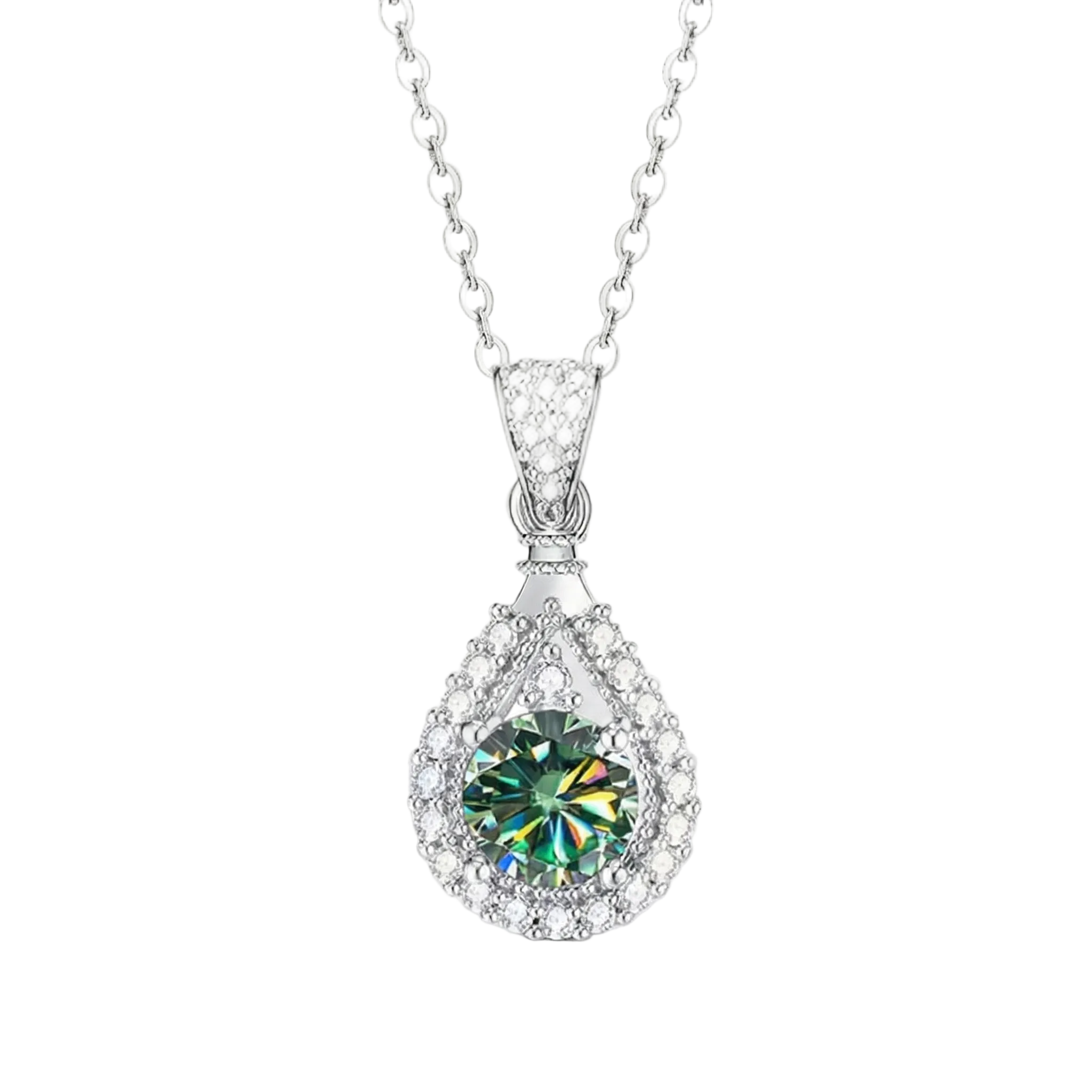 COLLIER PENDENTIF GOUTTE PIERRE VERTE IRIDESCENTE HALO PAVÉ | ARGENT