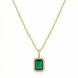 COLLIER PENDENTIF ÉMERAUDE RECTANGULAIRE HALO PAVÉ | OR