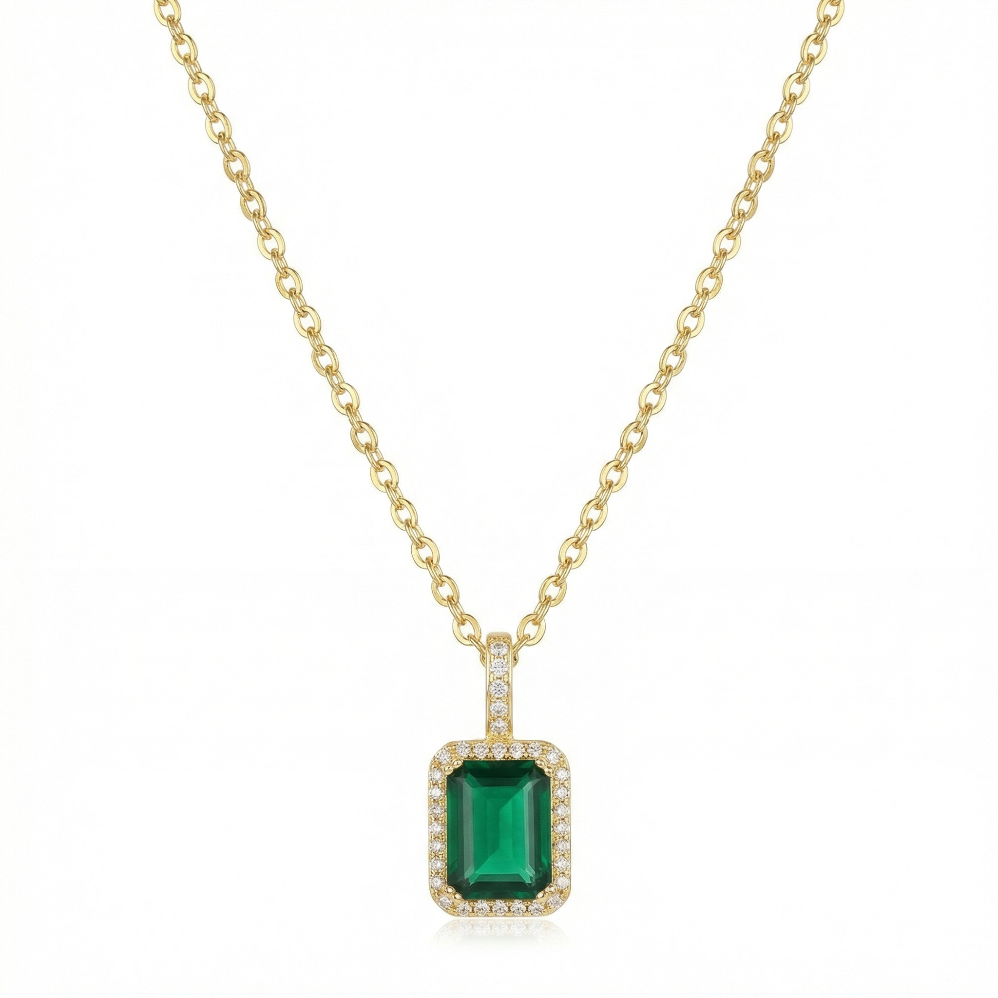 COLLIER PENDENTIF ÉMERAUDE RECTANGULAIRE HALO PAVÉ | OR