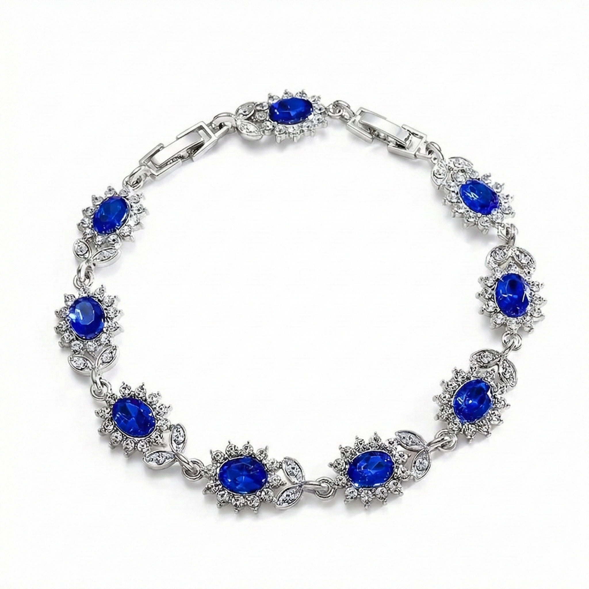 BRACELET TENNIS FLEURS OVALES SAPHIR BLEU HALO PAVÉ | ARGENT