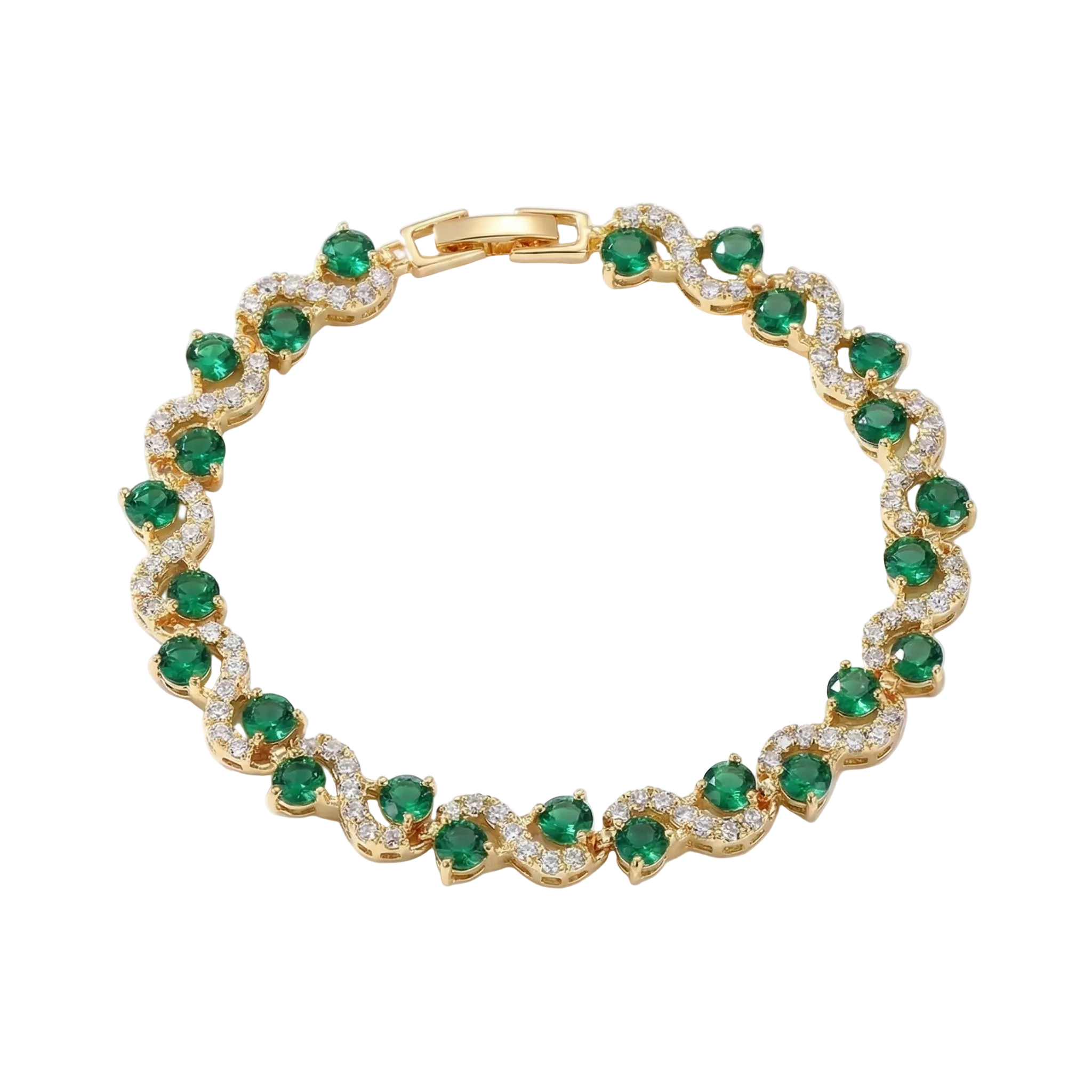 BRACELET TENNIS ZIRCONE RONDE VERTE ENTRELACS PAVÉ | OR