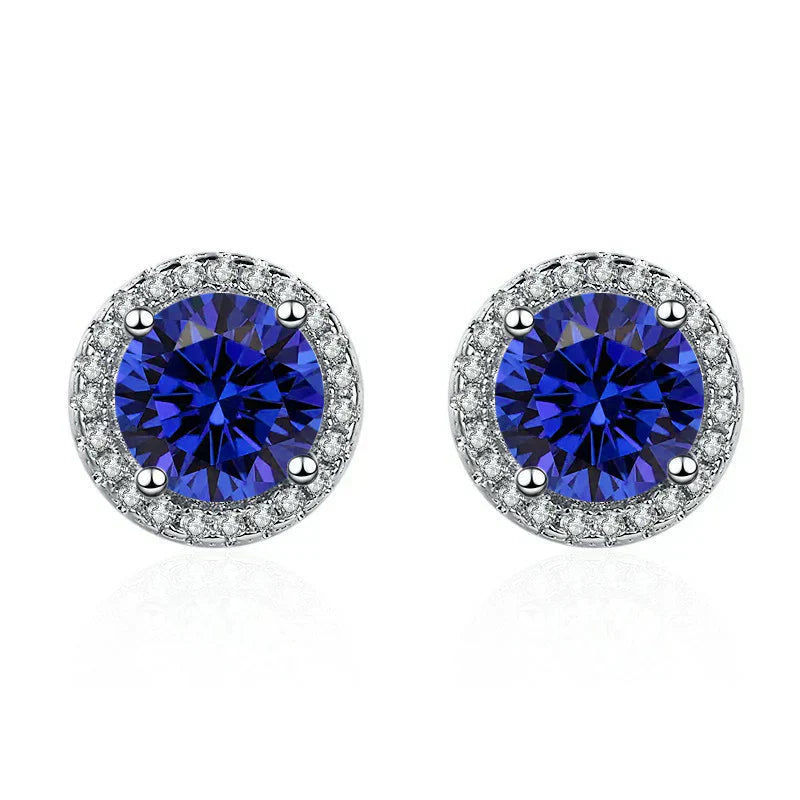 PENDIENTES D'OREILLES SAPHIR ROND BLEU HALO PAVÉ | ARGENT