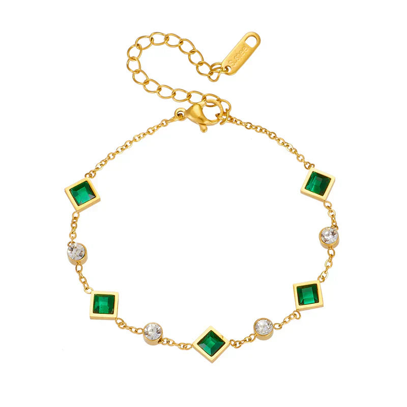 BRACELET CHAÎNE CHARM ÉMERAUDE CARRÉ ET ZIRCONE ALTERNÉE | OR