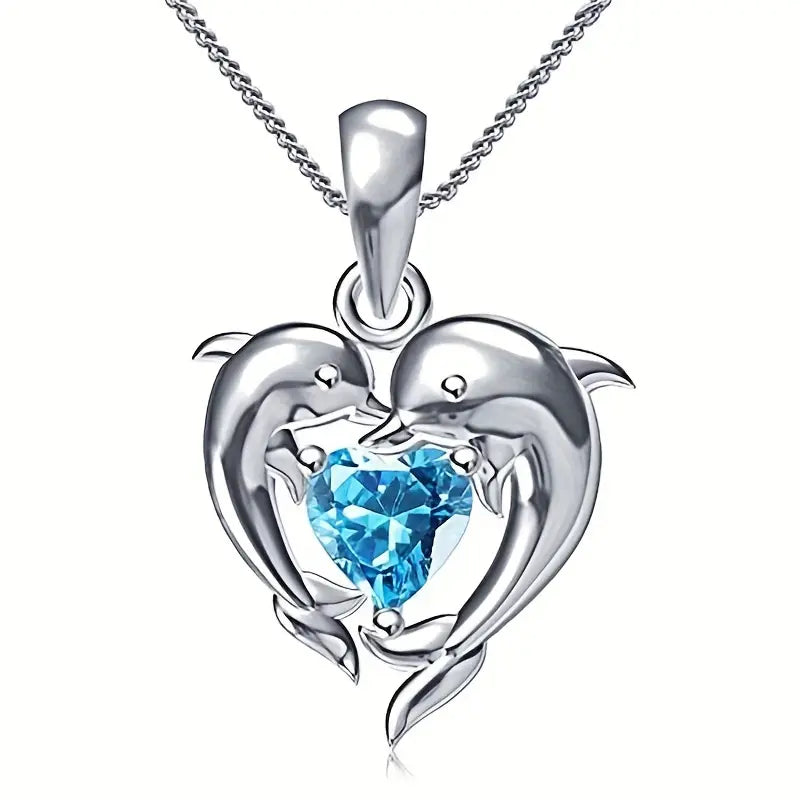 COLLIER PENDENTIF DAUPHINS JUMEAUX CŒUR TOPAZE BLEUE | ARGENT
