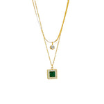 COLLIER DOUBLE CHAÎNE PENDENTIF ÉMERAUDE CARRÉ PAVÉ | OR