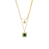 COLLIER DOUBLE CHAÎNE PENDENTIF ÉMERAUDE CARRÉ PAVÉ | OR
