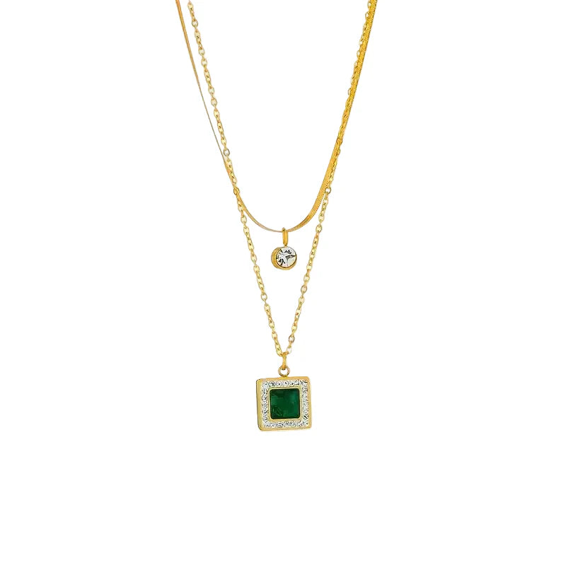 COLLIER DOUBLE CHAÎNE PENDENTIF ÉMERAUDE CARRÉ PAVÉ | OR